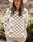 Checkered Drop Shoulder Round Neck Sweater