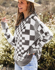 Checkered Drop Shoulder Round Neck Sweater