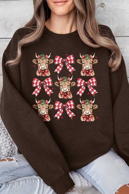 Christmas Highland Cow Graphic Fleece Sweatshirts