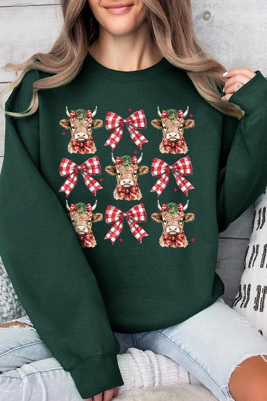 Christmas Highland Cow Graphic Fleece Sweatshirts