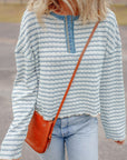 Stripe Textured Long Sleeve Henley Top