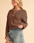 Stripe Textured Long Sleeve Henley Top