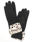 Leopard Printed Fur Trim Sueded Smart Gloves