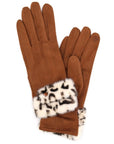 Leopard Printed Fur Trim Sueded Smart Gloves