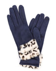 Leopard Printed Fur Trim Sueded Smart Gloves