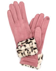 Leopard Printed Fur Trim Sueded Smart Gloves