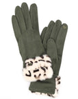 Leopard Printed Fur Trim Sueded Smart Gloves