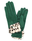 Leopard Printed Fur Trim Sueded Smart Gloves