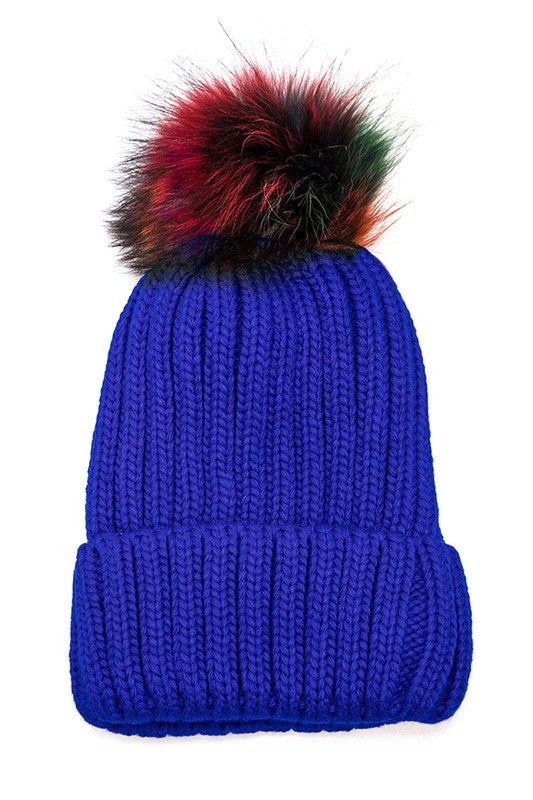 Mix Color Genuine Fur Pom Pom Beanie