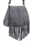 Faux Suede Fringe Flap Crossbody Bag