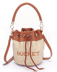 Top Handle Faux Straw Bucket Bag