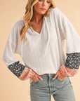 Floral Patchwork Textured Drawstring V Neck Top