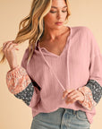 Floral Patchwork Textured Drawstring V Neck Top