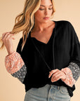 Floral Patchwork Textured Drawstring V Neck Top