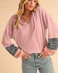 Floral Patchwork Textured Drawstring V Neck Top