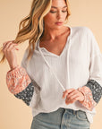 Floral Patchwork Textured Drawstring V Neck Top