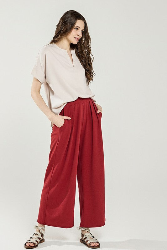 Stretch Crepe High Waist Tuck Wide Leg Pants