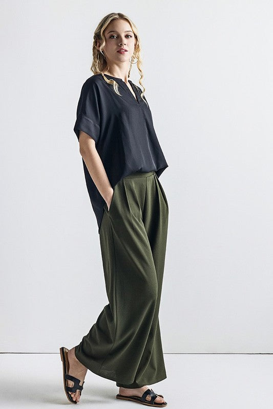 Stretch Crepe High Waist Tuck Wide Leg Pants