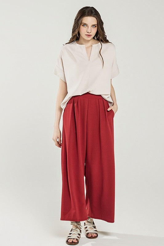 Stretch Crepe High Waist Tuck Wide Leg Pants
