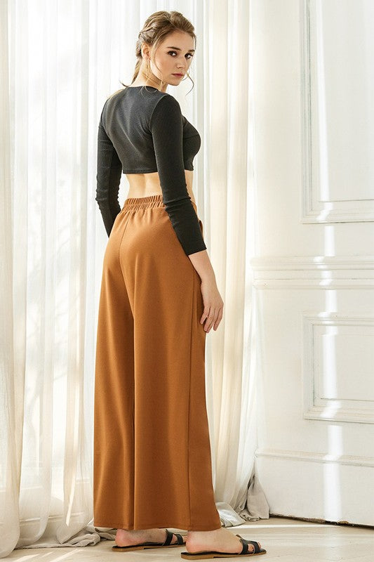 Stretch Crepe High Waist Tuck Wide Leg Pants