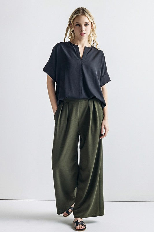 Stretch Crepe High Waist Tuck Wide Leg Pants