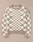 Checkered Print Drop Shoulder Round Neck Sweater