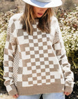 Checkered Print Drop Shoulder Round Neck Sweater