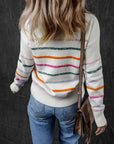 White Colorful Striped Ribbed Trim Sweater