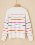 White Colorful Striped Ribbed Trim Sweater