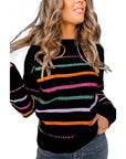 White Colorful Striped Ribbed Trim Sweater