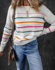 White Colorful Striped Ribbed Trim Sweater