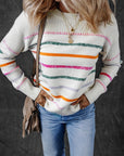 White Colorful Striped Ribbed Trim Sweater