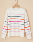 White Colorful Striped Ribbed Trim Sweater