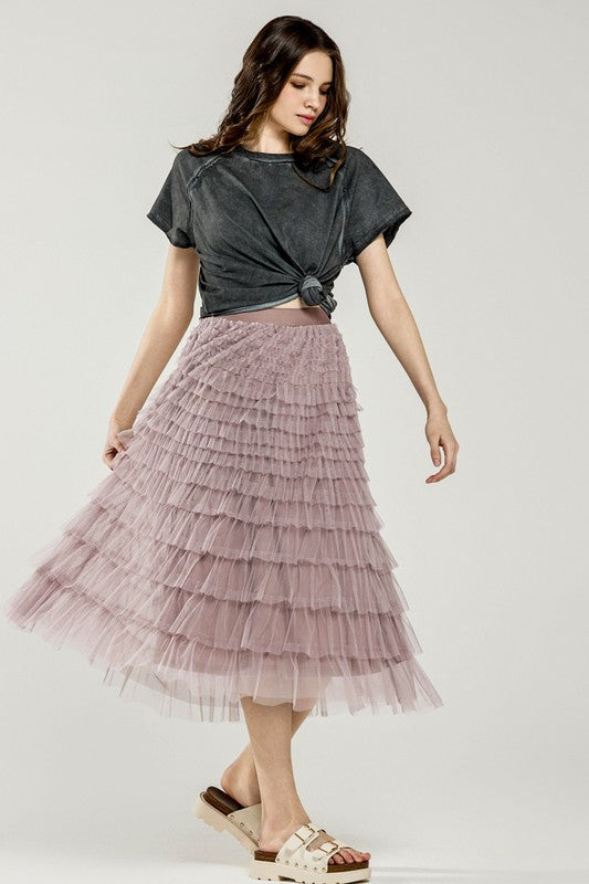 A-Line Tiered Layered Tulle Mesh Maxi Skirt