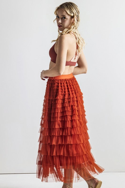 A-Line Tiered Layered Tulle Mesh Maxi Skirt
