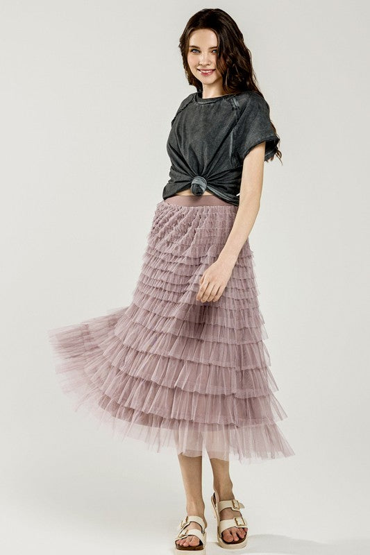 A-Line Tiered Layered Tulle Mesh Maxi Skirt