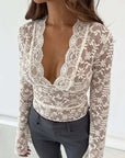 Miss Sparkling |Floral Lace Mesh V-neck Top