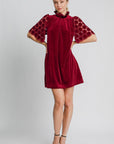 Umgee Dotted Lace Half Sleeve Mock Neck Back Tie Velvet Dress