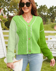 Color Block Patchwork Embroideried V Neck Sweater