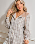 Checkered Print Hooded Patchwork Loose Fit Shacket