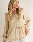 Metallic Frill V Neck Puff Sleeve Babydoll Blouse