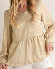 Metallic Frill V Neck Puff Sleeve Babydoll Blouse