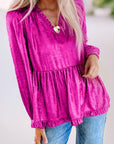 Metallic Frill V Neck Puff Sleeve Babydoll Blouse