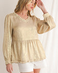 Metallic Frill V Neck Puff Sleeve Babydoll Blouse