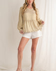 Metallic Frill V Neck Puff Sleeve Babydoll Blouse