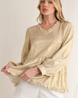 Metallic Frill V Neck Puff Sleeve Babydoll Blouse