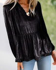 Metallic Frill V Neck Puff Sleeve Babydoll Blouse