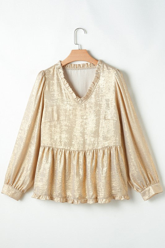 Metallic Frill V Neck Puff Sleeve Babydoll Blouse