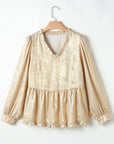 Metallic Frill V Neck Puff Sleeve Babydoll Blouse