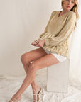 Metallic Frill V Neck Puff Sleeve Babydoll Blouse